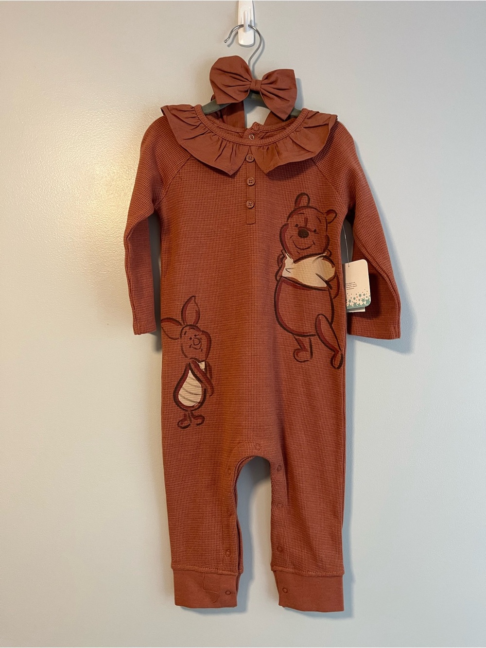 Disney Rust Waffle-Knit Winnie the Pooh Footie with Ruffle Collar